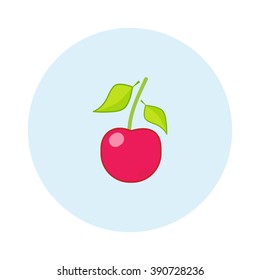 Flat cartoon element for design, icon, logo. Simple beautiful delicious red cherry with branch and leaves isolated on blue background