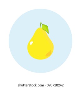 Flat cartoon element for design, icon, logo. Simple beautiful delicious yellow pear with branch and leaf isolated on blue background