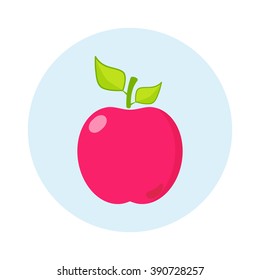 Flat cartoon element for design, icon, logo. Simple beautiful delicious red apple with branch and leaves isolated on blue background