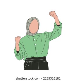 Flat cartoon excited young woman in green shirt raised hands celebrating success. characters isolated on white background. Vector illustration.