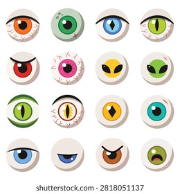 Flat cartoon eye icon pack with colorful human, alien, monster and fantasy eyeball illustrations for games, apps and creative design.