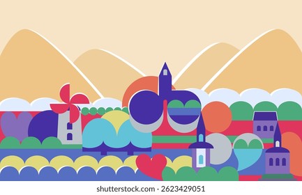 Flat cartoon fairytale fantasy city. For banner, cards, web, sites, design of computer games.