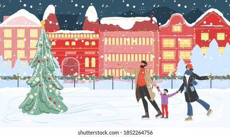 Flat cartoon family characters doing winter outdoor activities,ice skating near christmas tree in snow,merry Xmas,happy New Year holiday concept