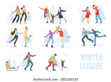 Flat cartoon family characters doing winter outdoor sport activities,skiing,ice skating and sledging in snow,merry christmas,happy New Year holiday concept