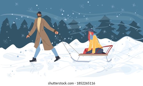 Flat Cartoon-Familienchartoon, der im Winter Outdoor Aktivitäten, SchSchlitten im Schnee, frohe Weihnachten, fröhliches Neujahrsfest-Konzept