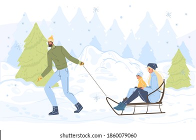 Flat cartoon family characters doing winter outdoor activities,sledging in snow,merry christmas,happy New Year holiday concept