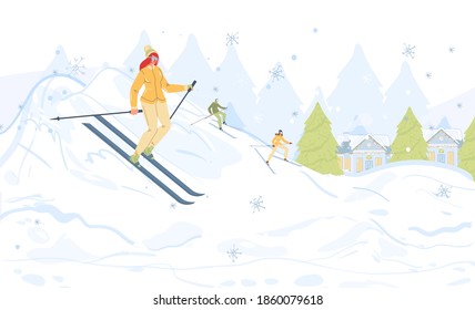 Personajes de la familia de caricaturas planas haciendo actividades al aire libre en invierno, esquiando en la nieve, estilo de vida saludable, concepto de estación deportiva y de esquí