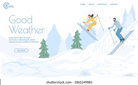 Flat cartoon family characters doing winter outdoor activities,skiing in snow,healthy lifestyle,sport and ski resort concept