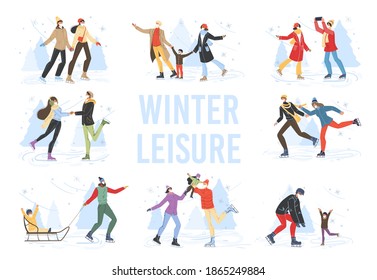 Flat cartoon family characters doing winter outdoor sport activities,skiing,ice skating and sledging in snow,merry christmas,happy New Year holiday concept