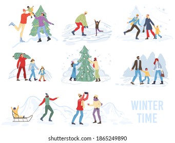 Flat cartoon family characters doing winter outdoor activities,sledging,decorating christmas tree in snow,merry Xmas,happy New Year holiday concept