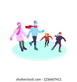 Flat cartoon family on the ice rink, vector illustration isolated on white background, winter cold season