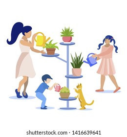 Flat Cartoon Family Taking Care for Houseplants Together. Mother with Son and Daughter Watering Flowers in Pots. Kids Help Parent. Horticultural Sundry and Home Gardening. Vector Isolated Illustration