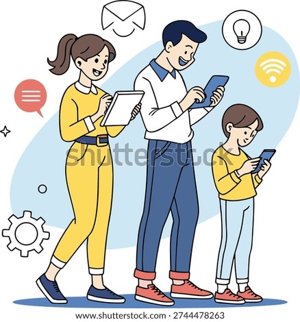Flat cartoon family using digital gadgets