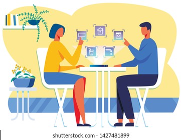 Flat Cartoon Family Using Interactive Interface for Smart House Control. Husband and Wife Sitting at Table in Dining Or Living Room. Flying Household Appliances Flat Icons. Vector Illustration