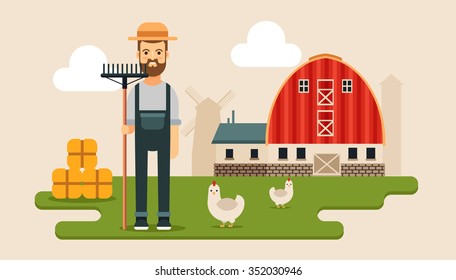 Flat Cartoon Farmer with Rake. Big Barn on the Background. Colorful Vector Illustration