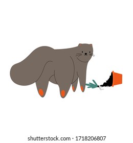 A flat cartoon fat brown cat smashed a flower pot. Cute mischievous animal and home plant. A hand-drawn vector illustration isolated on a white background.