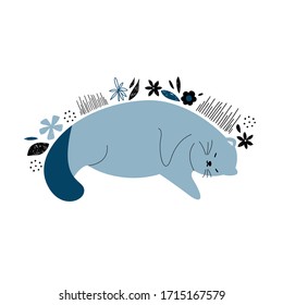 Flat cartoon fat cat of blue color is sleeping sweetly. Cute animal with flowers in the Scandinavian style. Hand-drawn vector illustration isolated on white background.