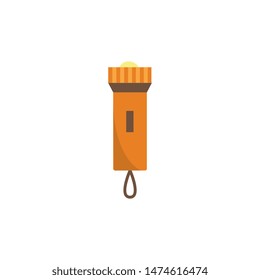 Flat cartoon flashlight isolated on white background, electric orange torch with lit lamp and switch button drawn in flat geometric style, camping equipment object icon - vector illustration