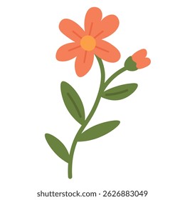 Flat cartoon flower with orange petals, yellow center and one bud, soft and cheerful decoration.