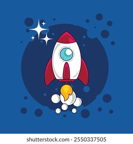 flat cartoon flying rocket launch