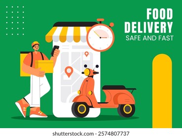 Flat Cartoon Food Delivery Service Design for Social Media Background Templates