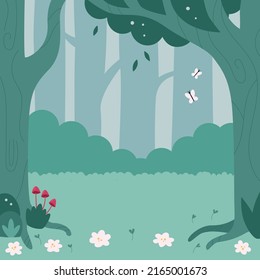 Flat cartoon forest landscape with mushrooms, flowers, butterfly and trees. Green monochrome colors. Vector illustration ideal for banners design, children books and greeting cards. 