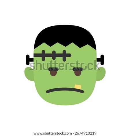 Flat cartoon Frankenstein head with bold colors and simple shapes. Perfect for Halloween party icons, monster visuals, spooky themes, and festive seasonal designs.