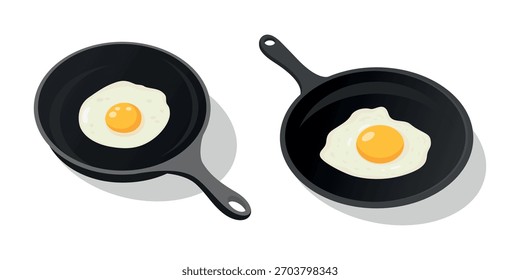 Huevo frito plano de la historieta en la cacerola, Ilustración vectorial. Dos sartenes de hierro fundido con huevo frito. Desayuno en Skillet. Vista superior Sartén de cocina con huevo frito