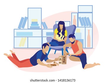 Flat Cartoon Friends Playing in Wood Block Game. Men Sitting on Floor and Building Tower. Woman on Armchair Looking after. Vector Gambling Game for Teenagers and Adults Illustration