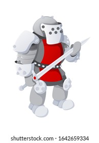 Flat cartoon Full body armor suit, European like medieval knight character with long sword, isolated on white background. Colorful book page design for kids and children sticker vector illustration