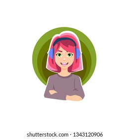 Flat cartoon funny and cute girl with pink hairs and earphones, vector illustration isolated on white background