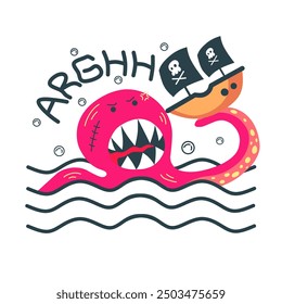 Flat cartoon giant octopus is going to eat pirate ship. Abstract illustration of ocean monster. Nice design for kids