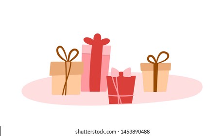 Flat cartoon gift boxes on the floor. Preparing for Christmas celebration or holidays. Isolated vector illustration backdrop in pink and beige colors.