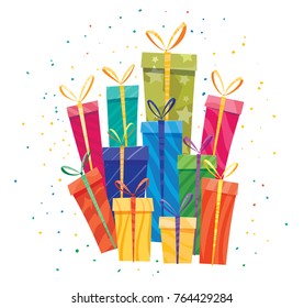 flat cartoon gift on white background with color particles