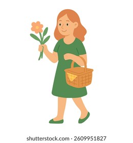 Flat cartoon girl holding flower and picnic basket. Cute summer doodle illustration in outdoor style.
