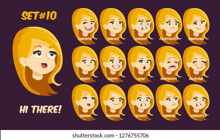 Flat cartoon girl with long golden blonde hair style and green eyes, set 4/5, vector illustration