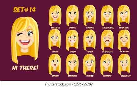 Flat cartoon girl with long golden blonde hair style and green eyes, set 4/4, vector illustration