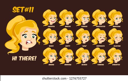 Flat cartoon girl with long golden blonde hair style pony tail and green eyes, set 3/5, vector illustration