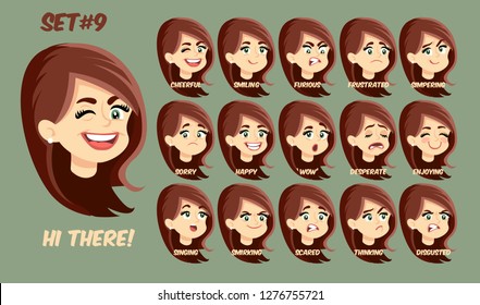 Flat cartoon girl with long red / brown hair style and green eyes, set 5/5, vector illustration