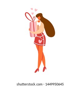 Flat cartoon girl or woman standing and holding gift box with bow preparing for celebration. Vector illustration.