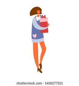 Flat cartoon girl or woman standing and holding gift box with bow preparing for celebration. Vector illustration.