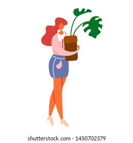 Flat cartoon girl or woman standing and holding a pot plant monstera.