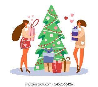 Flat cartoon girls or women couple standing near decorated Christmas tree and holding gift boxes preparing for winter holidays. Vector isolated illustration.