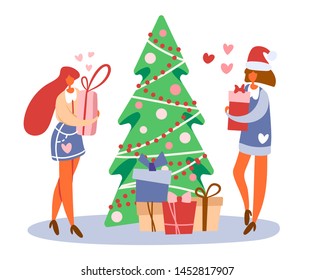 Flat cartoon girls or women couple standing near decorated Christmas tree and holding gift boxes preparing for winter holidays. Vector isolated illustration.