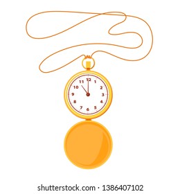 Flat cartoon gold old watch with chain, vactor illustration isolated on white background