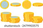 Flat cartoon gold and silver coins, Stack of golden coin set, Stack of silver coins set, Set of coin isolated.