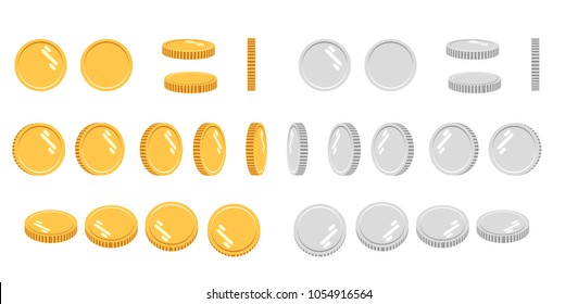 Flat cartoon gold and silver coins, set of icons at different angles for animation. Modern vector illustration.