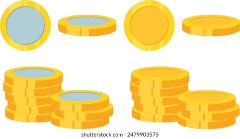 Flat cartoon gold and silver coins, Stack of golden coin set, Stack of silver coins set, Set of coin isolated.