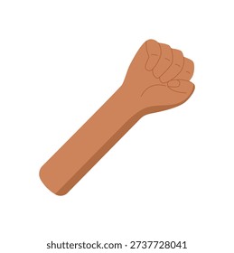 Flat cartoon graphic style closed hand in fist gesture. Bare brown human arm shown in upward pose. Illustration of body part with fingers and wrist, showing count of zero, isolated for education and