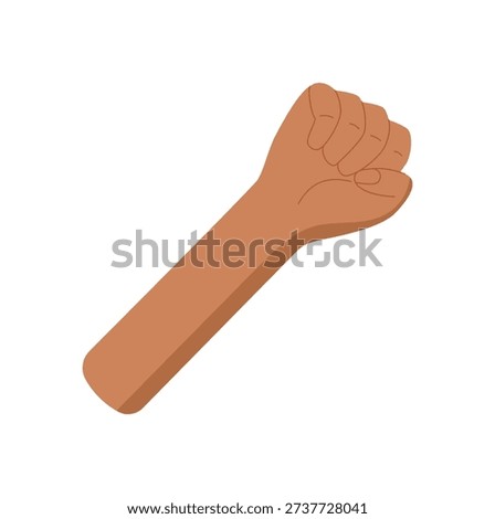 Flat cartoon graphic style closed hand in fist gesture. Bare brown human arm shown in upward pose. Illustration of body part with fingers and wrist, showing count of zero, isolated for education and